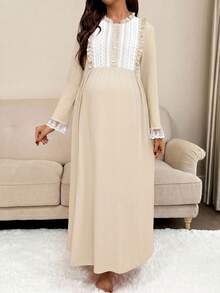 Slowluna Maternity Colorblock Lace Patchwork Dress Fall - Khaki - View 3