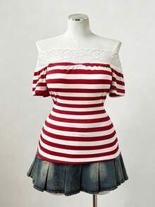 Sunspun Punk Style Off-Shoulder One-Word Collar Striped Lace Trim Patchwork Short Sleeve Plus Size T-Shirt Top – Gothic Y2K Ribbed T-Shirt - Red - View 5
