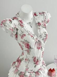 Elamini 女款花卉印花前綁帶時尚百搭休閒日常上衣 - 彩色 - 查看 1
