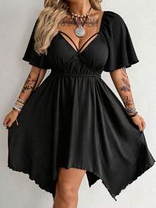 SHEIN Whyspr Plus Size Dark Style Criss-Cross Chest Strap Cinched Waist A-Line Ruffle Sleeve Dress - Black - View 1