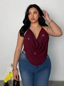 Firerie Plus Size Women's Solid Color Shiny Draped Neck Tank Top Party Burgundy Summer Sexy - Burgundy - View 5