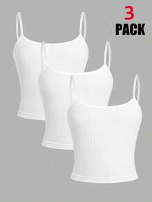 SHEIN Tween-Mädchen Tween-Mädchen Tween-Mädchen 3-teiliges weißes einfaches, grundlegendes, bequemes Camisole-Set, Mädchen Unterwäsche-Set, bequemes gestricktes Baumwoll-Camisole, ganzjährig - Weiss - Übersicht 1