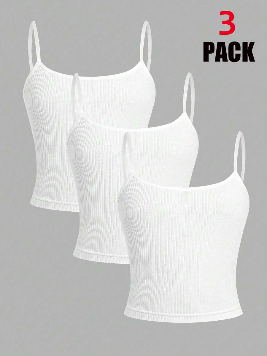 SHEIN Tween-Mädchen Tween-Mädchen Tween-Mädchen 3-teiliges weißes einfaches, grundlegendes, bequemes Camisole-Set, Mädchen Unterwäsche-Set, bequemes gestricktes Baumwoll-Camisole, ganzjährig - Weiss - Übersicht 1
