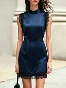 Balvessa 優雅性感女款短洋裝，緞面立領搭配蕾絲拼接，海軍藍，適合夏季夜店聚會 - 藏蓝色 - 查看 4