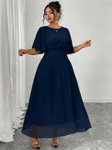 Modelyn Women's Plus Size Elegant Spring/Summer Round Neck Ruffle Bell Sleeve Slim Fit Draped Chiffon Dress - Navy Blue - View 5