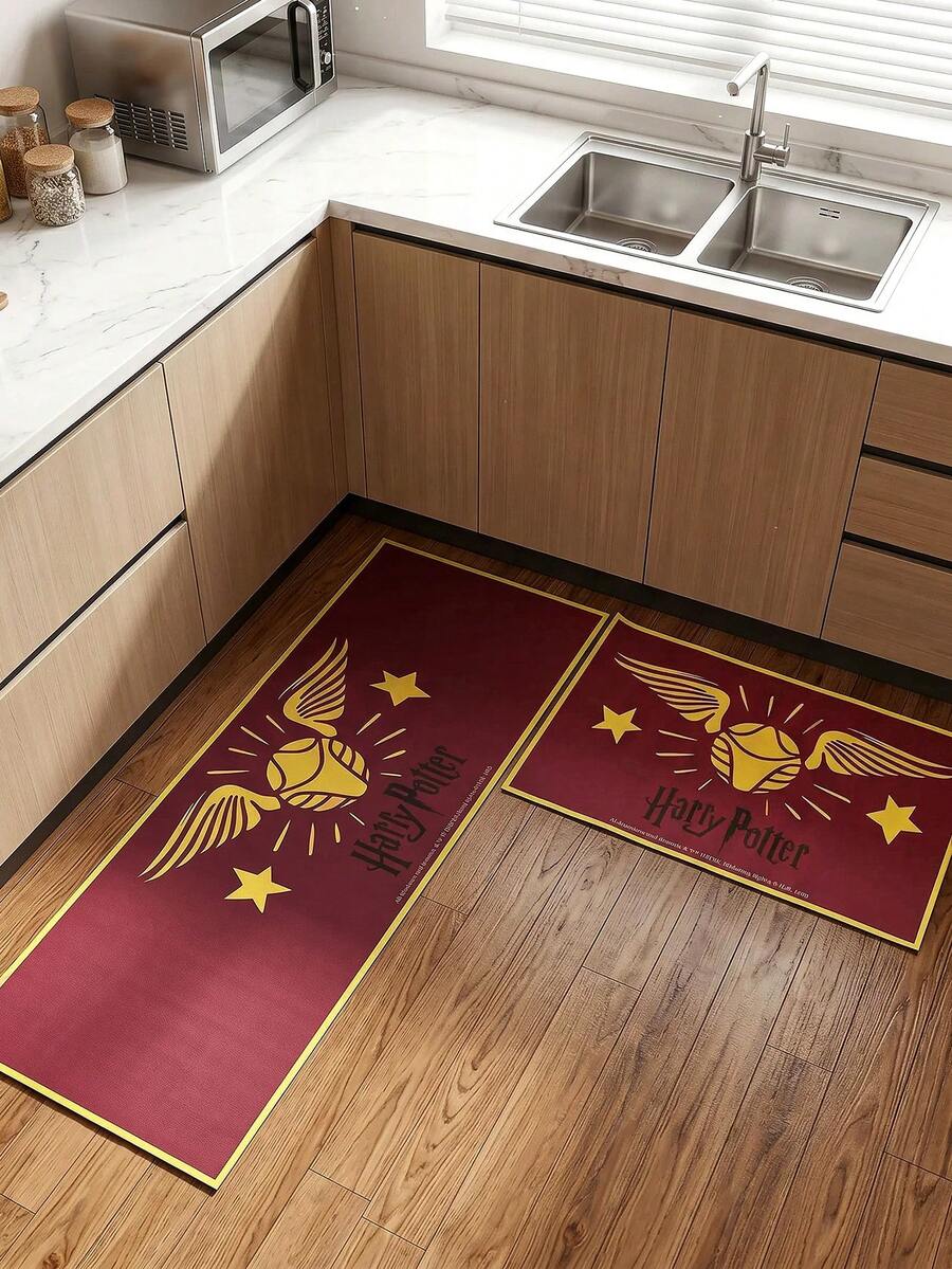 HARRY POTTER X SHEIN A Rubber Kitchen Long Carpet, Cartoon Printing Pattern, Nordic Light Luxury High-End Style Kitchen Mat, Long Running Carpet Laundry Carpet, The Fabric Is Thick And Foot-Feeling, Easy To Take Care Of, Machine Washable And Washable, Practical Entrance - Burgundy - View 1
