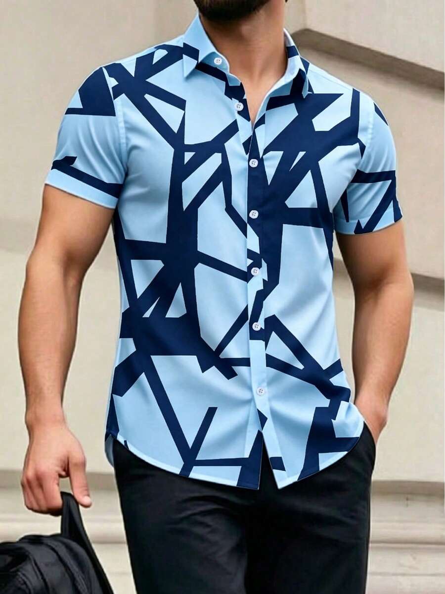 Manfinity Homme 男士幾何印花單排扣休閒短袖襯衫 - 藍色 - 查看 1