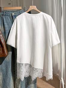 Comfortcana Plus Size Asymmetrical Hem Lace Loose T-Shirt Date Night Evening Birthday All White Summer Elegant Frenchy - White - View 2