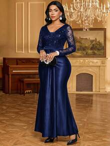 Fleurora Women's Elegant Party Sequin Embroidery Mesh Patchwork Fishtail Dress - Navy Blue - View 5