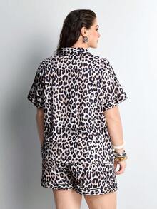 Slumbrini 2pcs Women Pajama Set, Leopard Print, Ladies Homewear, Spring/Summer Holiday Outfit, Short Sleeve Lapel Top And Shorts Can Be Worn Outerwear - Brown - View 2