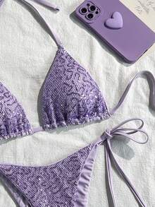 Costavie Swim Mod 兩件式比基尼套裝，春夏海灘度假風，亮片紋理面料，掛脖三角上衣搭配側綁帶泳褲，性感薰衣草紫 - 紫色 - 查看 8