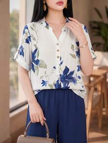 Auveirra 大码女式夏季时尚印花衬衫和裤子两件套 - 藏蓝色 - 查看 7