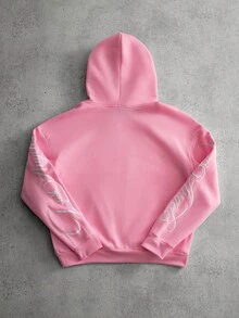 PAVTROS Men's Solid Color Letter Print Zip-Up Hoodie Sweatshirt - Pink - View 3