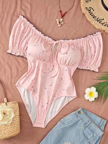 Sweetra CURVE Plus Size Diamond Neckline Ribbed Front Tie Shoulder Short Sleeve Vacation Bodysuit - Pink - View 5