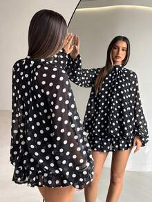Aloruh Elegantes Damen-Minikleid im Puppenstil mit schwarz-weißem Polka-Dot-Muster, Regenschirm-Design, vielseitig für den täglichen Arbeitsweg, Teegesellschaft und Schulanfang, Herbstrock - Schwarz und Weiss - Übersicht 6