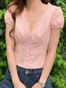 DAZY Women's Solid Color Pleated Lace Trim V-Neck Short Sleeve Elegant Summer Blouse School Vacation - Pink - View 6