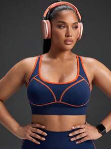 Powerista Women's Plus Size Seamless Sports Bra With Trim And Back Cutout For Daily Fitness - Navy Blue - View 6