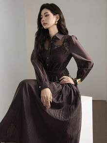 Heiryn Women's Contrast Lace Long Sleeve Button Design Elegant Long Dress Party Dinner Office Dark Brown Autumn Teachers' Day - Brown - View 5