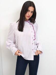 Nöista Striped Ruffle High-Neck Blouse With Puff Sleeves And Contrast Piping; Perfect For Office, Meetings, Brunch, Dates, Romantic, Preppy, Winter, Autumn - Mauve Purple - View 7