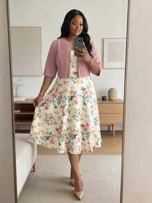 SHEIN Lady CURVE 大尺碼純色短版上衣與花卉印花洋裝兩件套 - 彩色 - 查看 1