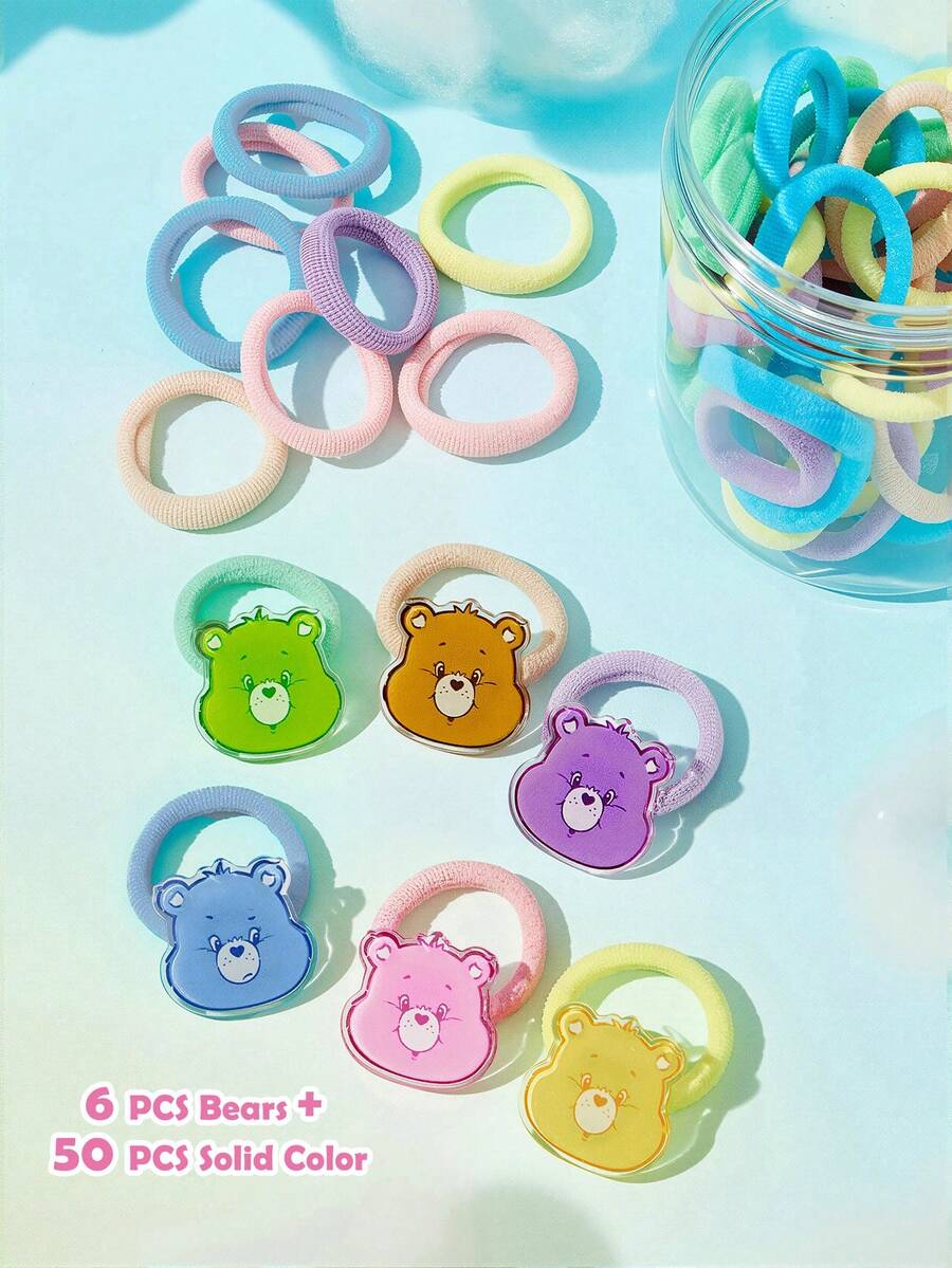 SHEIN X Care Bears 一罐彩色 50 個純色環 + 50 個隨機環 + 6 個配件環,壓克力可愛卡通彈性髮圈髮帶,適合高馬尾、外出與上學 - 彩色 - 查看 1