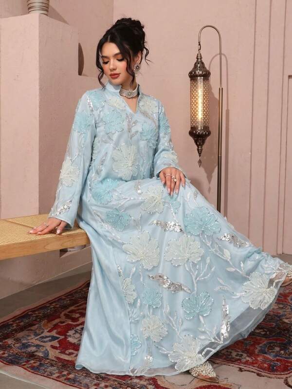 SHEIN Najma Women's Embroidered Bead Mesh Fabric Casual Loose Daily Long Robe
