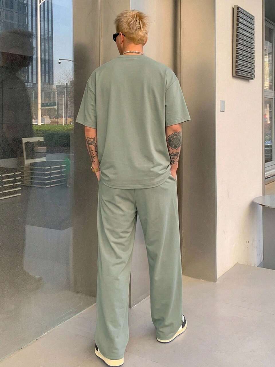 Short Sleeve Top And Long Pants Solid Gray-Green Men's Summer 2 Pieces Set