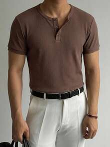 DAZY Men's Brown Solid Color Round Neck Half-Button Front Summer T-Shirt - Brown - View 6