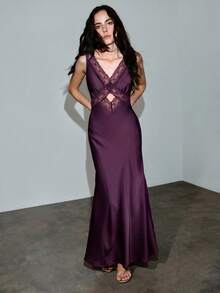 MOTF PREMIUM SPRING/SUMMER LACE PATCHWORK HOLLOW LONG SATIN DRESS, MODERN URBAN DATE - Purple - View 4