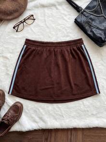Comfortcana Damen Große Größen Lässig Vintage Amerikanischer Sportlicher Stil Seitenstreifen Braun Strickrock, Elastischer Bund Rock - Braun - Übersicht 7