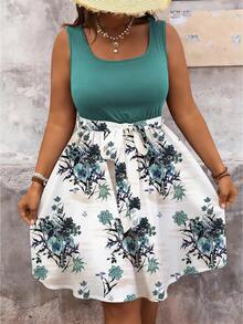 SHEIN VCAY Vestido de mujer talla grande con estampado floral, patchwork y bloques de color, adecuado para el verano - Multicolor - Ver 4