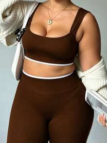 Easithlete Women's Plus Size Ultra Short Tank Top & Leggings Sports Set - Coffee Brown - View 3