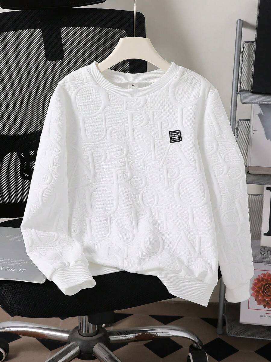 SHEIN Tween Boy Casual Letter Embossed Crew Neck Sweatshirt - White - View 1