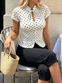 SHEIN PariChic Summer French Vintage Fashion Tie-Neck Hollow Stand Collar Polo Collar Cheongsam Collar Polka Dot Fabric Print T-Shirt Short Sleeve T-Shirt Suitable For Outings, Parties, Afternoon Tea, Gatherings, Elegant Daily Casual, Vacation, Elegant Occasions, Beach Wear, Bohemian Style T-Shirt, Spring/Summer Island Vacation - White - View 1