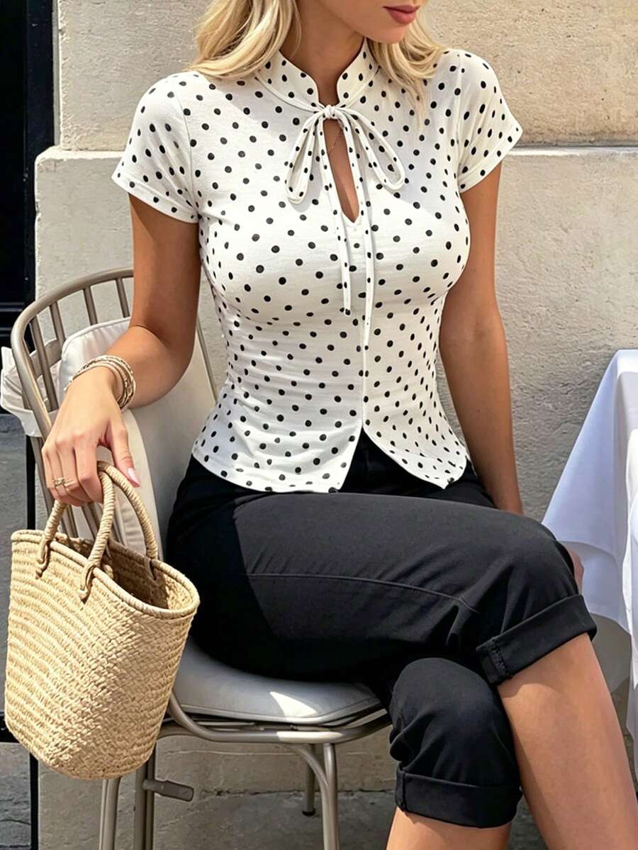 SHEIN PariChic Summer French Vintage Fashion Tie-Neck Hollow Stand Collar Polo Collar Cheongsam Collar Polka Dot Fabric Print T-Shirt Short Sleeve T-Shirt Suitable For Outings, Parties, Afternoon Tea, Gatherings, Elegant Daily Casual, Vacation, Elegant Occasions, Beach Wear, Bohemian Style T-Shirt, Spring/Summer Island Vacation - White - View 1
