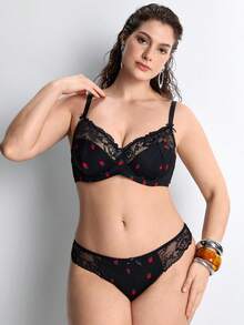 Slumbrini 1 Conjunto de lencería para mujer de talla grande con estampado de fresa sólido, adorno de lazo y encaje, cómodo - Negro - Ver 6
