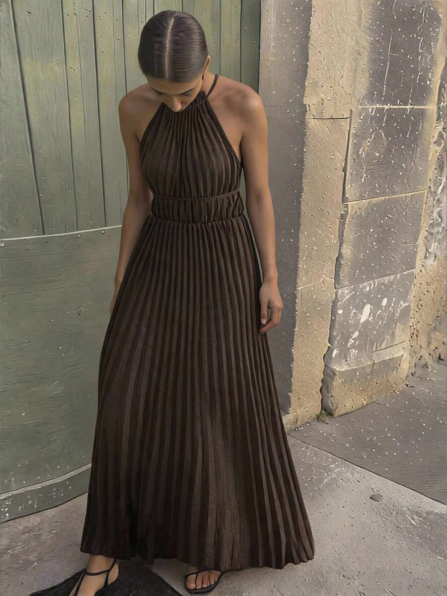 Travachic Women's Spring/Summer Elegant Sexy Commuting Travel Pleated Halter Tie Waist Dress Golf Pastal - Coffee - View 1
