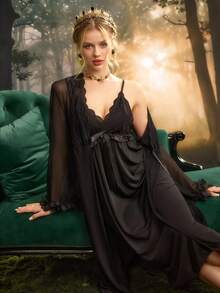 PinupPomp Pijama de 2 piezas para mujer con top de manga larga con volantes y vestido de tirantes finos - Negro - Ver 7