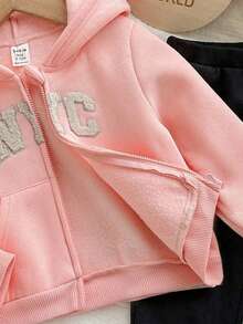 SHEIN 女嬰休閒可愛字母印花連帽衛衣與長褲套裝 - 黑色 - 查看 7