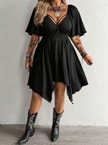 SHEIN Whyspr Plus Size Dark Style Criss-Cross Chest Strap Cinched Waist A-Line Ruffle Sleeve Dress - Black - View 3