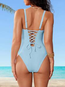 Shapewave Traje de baño de una pieza de unicolor para mujer para vacaciones y playa - Celeste - Ver 7