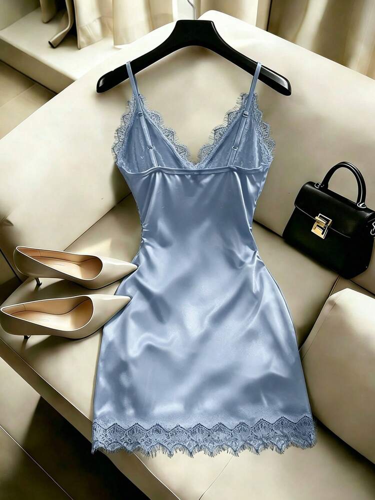 SHEIN Franclia 女款優雅純色蕾絲飾邊細肩帶洋裝，性感抓皺低領收腰設計，夏季洋裝，夏季服飾，度假洋裝，優雅派對洋裝，女賓客洋裝，畢業洋裝，優雅洋裝，休閒洋裝，女式正式洋裝，女式辦公穿著，黑色洋裝 - 藍色 - 查看 2