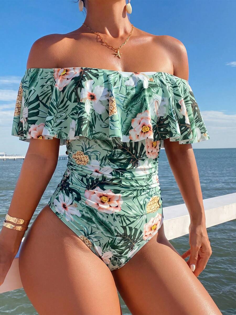 Swim Lushoire Spring/Summer Tropical Floral Print Ruffle Off-Shoulder Side Ruched One-Piece Swimsuit For Women, Festival Boho - Multicolor - View 1