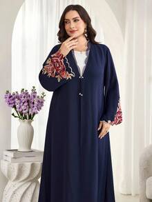 Al Najma Plus Size Women's Applique Decorated Long Sleeve Elegant Arabic Abaya - Navy Blue - View 7