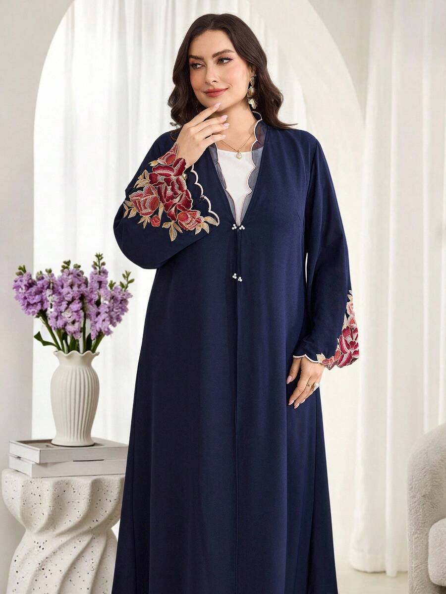 Al Najma Plus Size Women's Applique Decorated Long Sleeve Elegant Arabic Abaya - Navy Blue - View 1