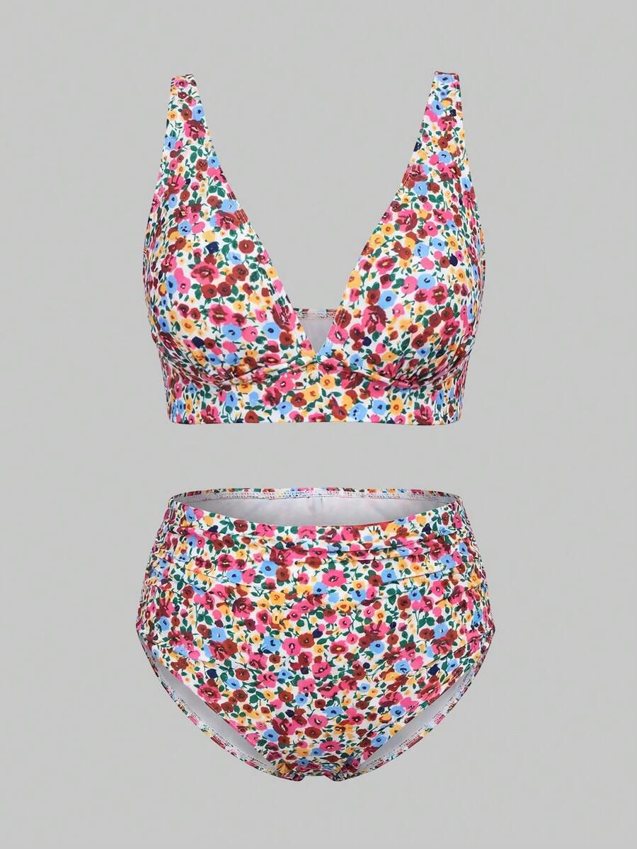 Sweetra CURVE 2026 New Plus Size Women 2pcs/Set Random Print High Waist Ruched Casual Swimwear Set Vacation Beach Summer - Multicolor - View 1