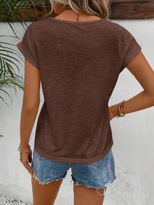 SHEIN Frenchy Women's Solid Color Round Neck Casual Versatile Daily Wear T-Shirt Everyday Coffee Brown Summer - Coffee Brown - View 2