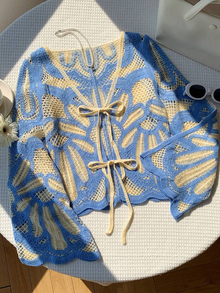 Comfortcana 女款水溶性鉤編綁帶透視針織開襟衫，時尚度假風 - 淺藍色 - 查看 1