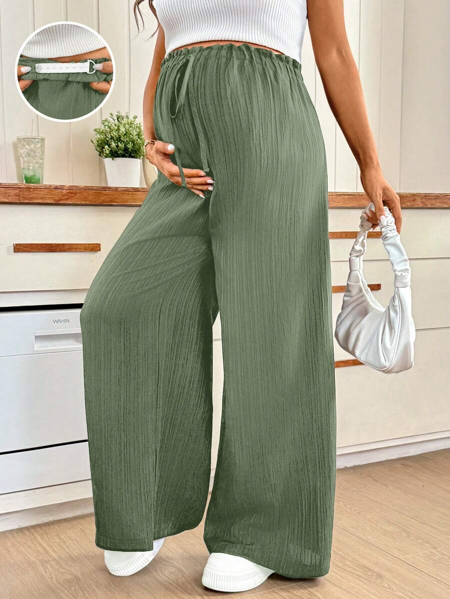 SHEIN 孕婦純色可調腰圍休閒百搭日常穿著寬腿褲 - 綠色 - 查看 1