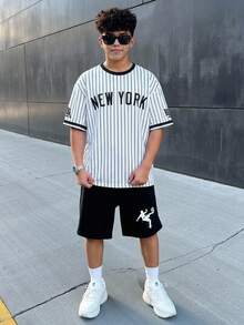 Teen Boy New Casual Simple Y2K Striped, New York English Letter, Sports Style American Retro, Colorblock, Short Sleeve T-Shirt Suitable For Summer - Black and White - View 5